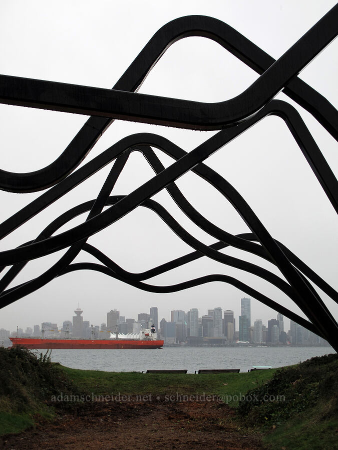 mountain sculpture and Vancouver skyline [Waterfront Park, North Vancouver, British Columbia, Canada]
