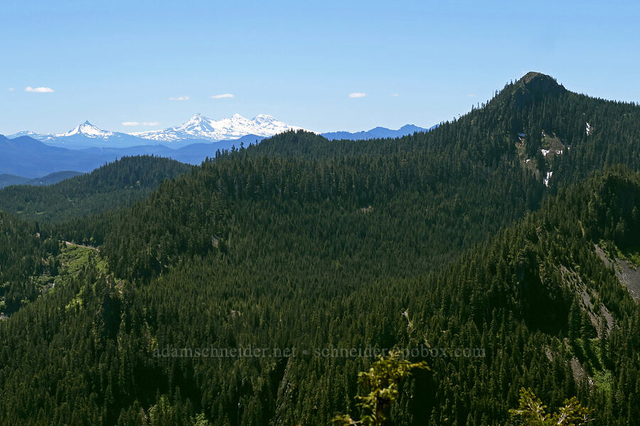 Dome Rock, Mt. Washington, & Three Sisters [Dog Tooth Rock, Willamette National Forest, Marion County, Oregon]